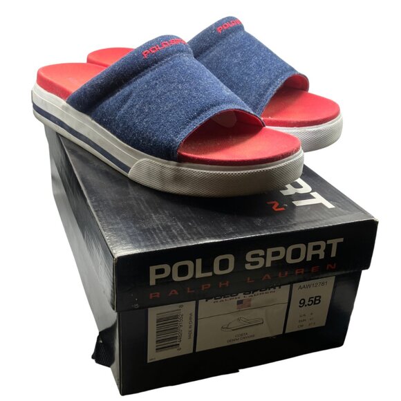 VTG Y2K Polo Sport Ralph Lauren Women's Red Blue Denim Burma Slides Size 9.5B - Picture 1 of 8